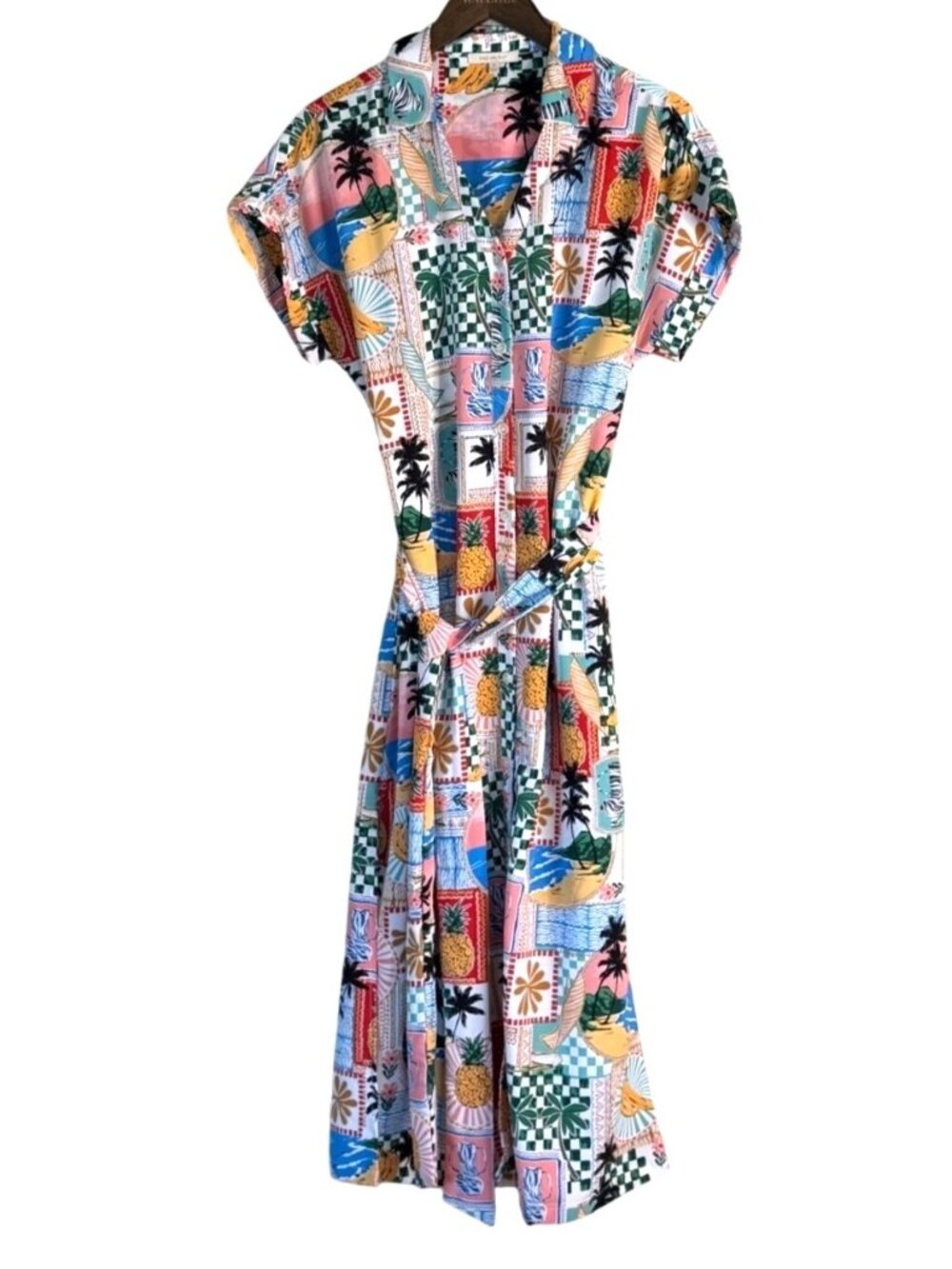 Skies are Blue Citrus Sway Tropical Print Dress Coral Multi Vacation Size XS